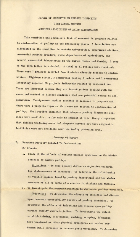 Report from the American Association of Avian Pathologists committee on poultry inspection from 1962 describing the actions of the committee from the past year and its future objectives.