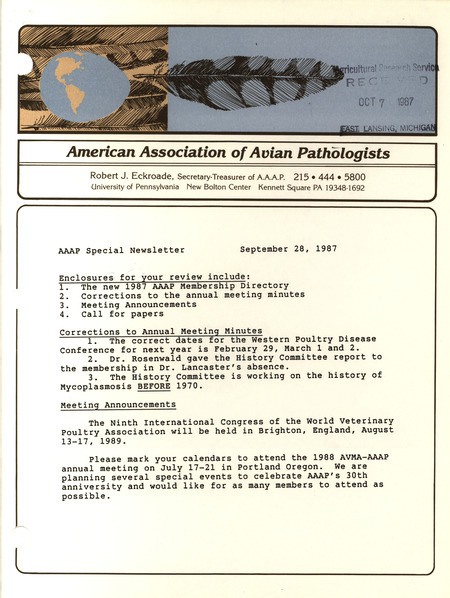 Special newsletter by the American Association of Avian Pathologists from September 28, 1987 including corrections to annual minutes and meeting announcements.