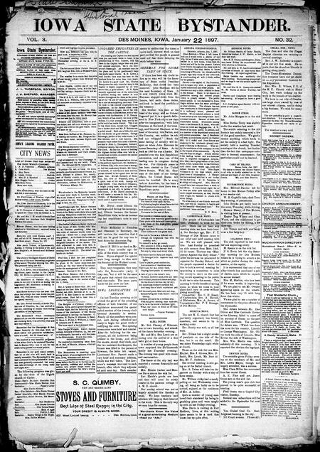 Iowa state bystander. volume 3, number 32, January 22, 1897