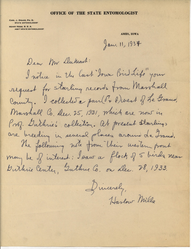 Letter from Harlow Mills to Philip DuMont dated January 11, 1934. Mills responds to DuMont's request in Iowa Bird Life for Starling sightings by reporting that a pair of Starlings collected west of Le Grand on December 25, 1931 had been given to Prof. Guthrie.