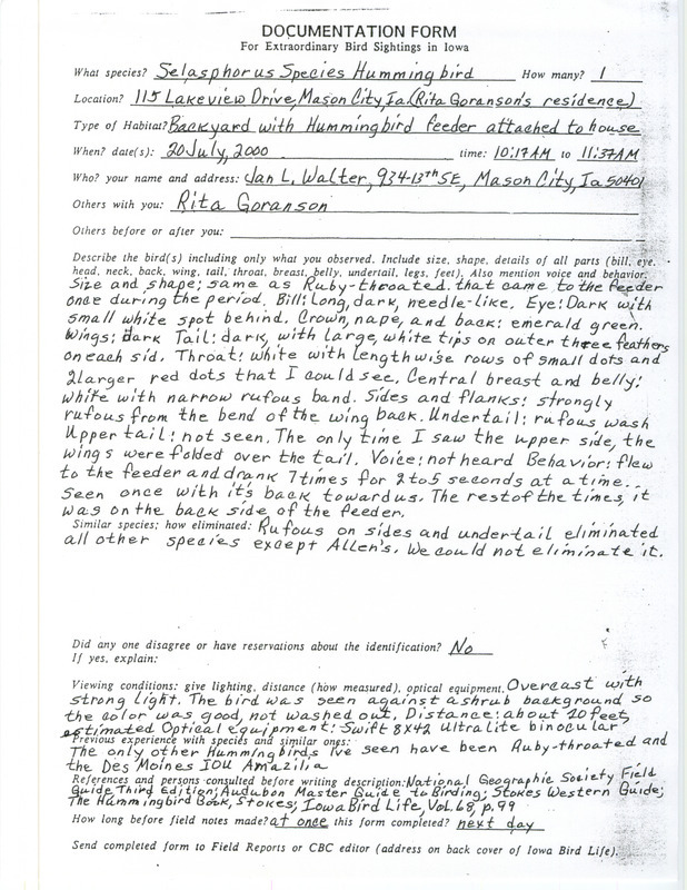 Documentation of a Selasphorus hummingbird sighting in Mason City contributed by Jan L. Walter, July 20, 2000. This item was used as supporting documentation for the Iowa Ornithologists' Union Quarterly field report of summer 2000.