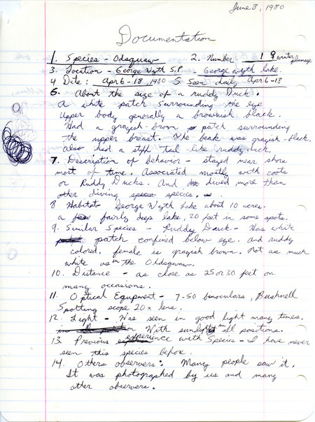 Rare bird documentation form for a Long-tailed Duck at George Wyth State Park in Black Hawk County, IA on April 6 to 18, 1980.