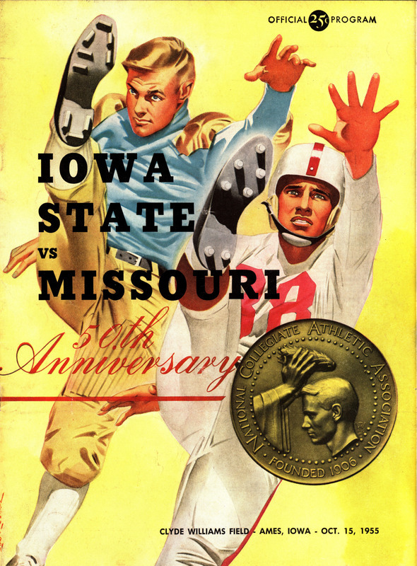 The football program for the game between the Iowa State Cyclones and the Missouri Tigers that took place on October 15, 1955. Includes articles, rosters, advertising, and an observation of the NCAA's 50th anniversary.