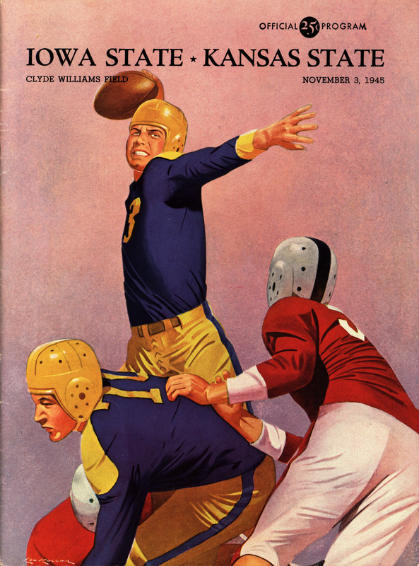 The football program for the game between the Iowa State Cyclones and the Kansas State Wildcats that took place on November 3, 1945. Includes articles, rosters, and advertising.
