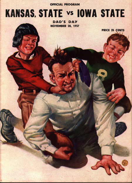 The football program for the Dad's Day (Parent's Day) game between the Iowa State Cyclones and the Kansas State Wildcats that took place on November 20, 1937. Includes articles, rosters, and advertising.