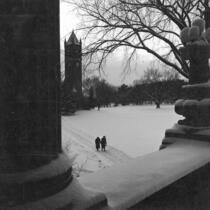 Campanile in winter from the portico of Curtiss Hall, 1952