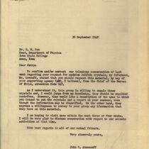 John V. Atanasoff letter to G. W. Fox of Iowa State College regarding a request for cadmium sulfide crystals, September 30, 1948