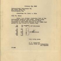 John V. Atanasoff letter to Harry A. Ehle of the International Resistance Company regarding the purchase of resistors, February 19, 1940
